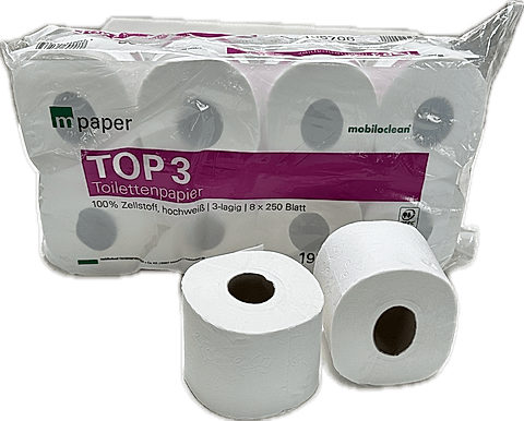 Toilettenpapier TOP³ 3-lagig hochweiß 9,5cmx11cm (8 Rollen à 250 Blatt)